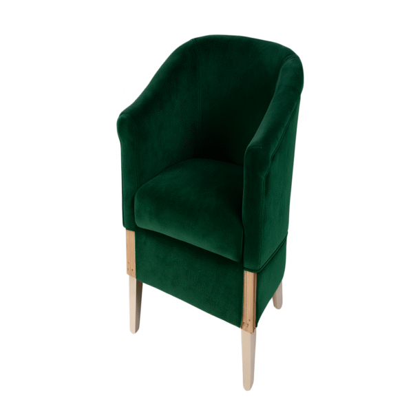 Stylish green velvet accent chair featuring a sleek design and wooden legs.