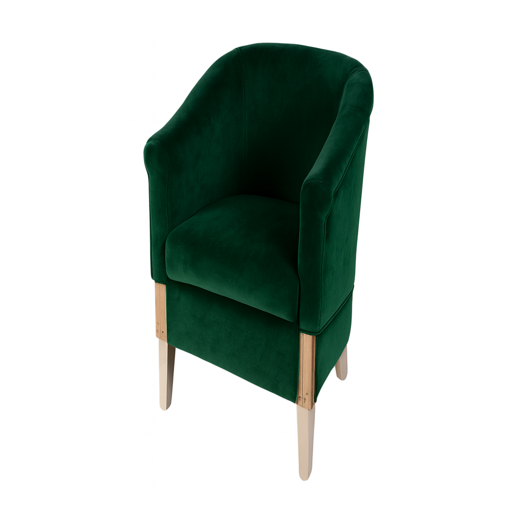 Stylish green velvet accent chair featuring a sleek design and wooden legs.