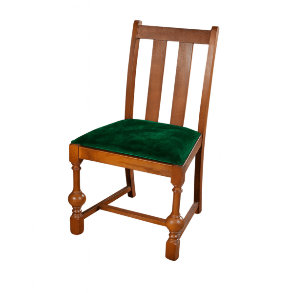 A wooden chair featuring a green cushioned seat and a classic design with four legs and a vertical slat back.