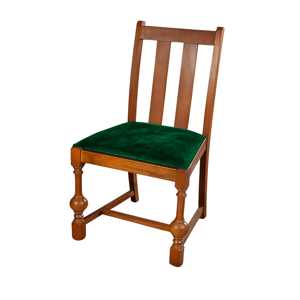 A wooden chair featuring a green cushioned seat and a classic design with four legs and a vertical slat back.