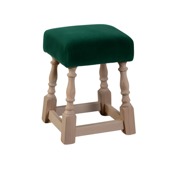 Stylish green cushioned stool with wooden legs and classic design