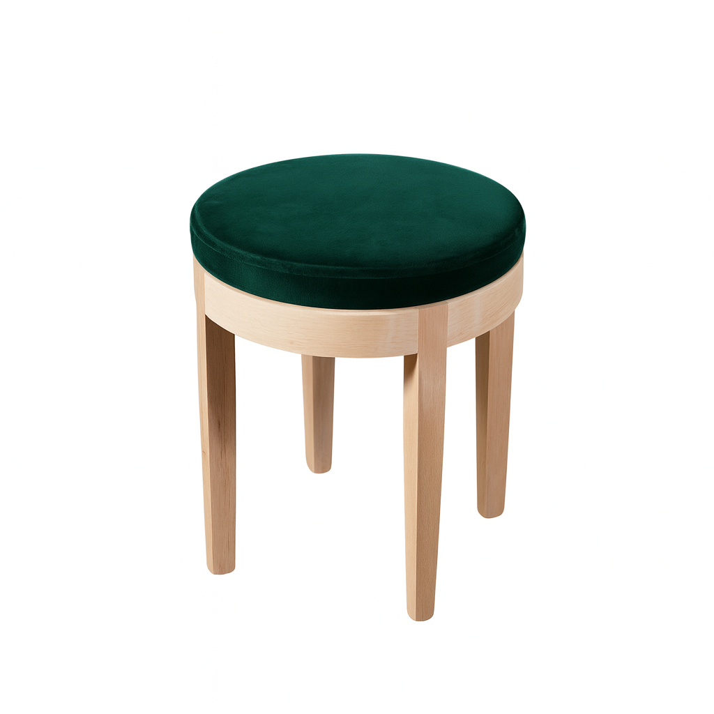 A modern round stool featuring a green velvet cushion and natural wooden legs.