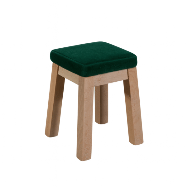 A stylish green velvet stool featuring a square top and natural wooden legs, perfect for home decor.