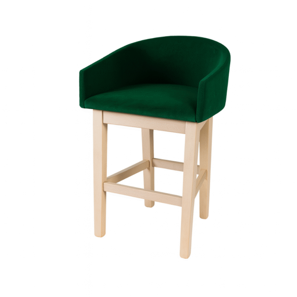 Stylish green bar stool with a curved back and wooden legs.