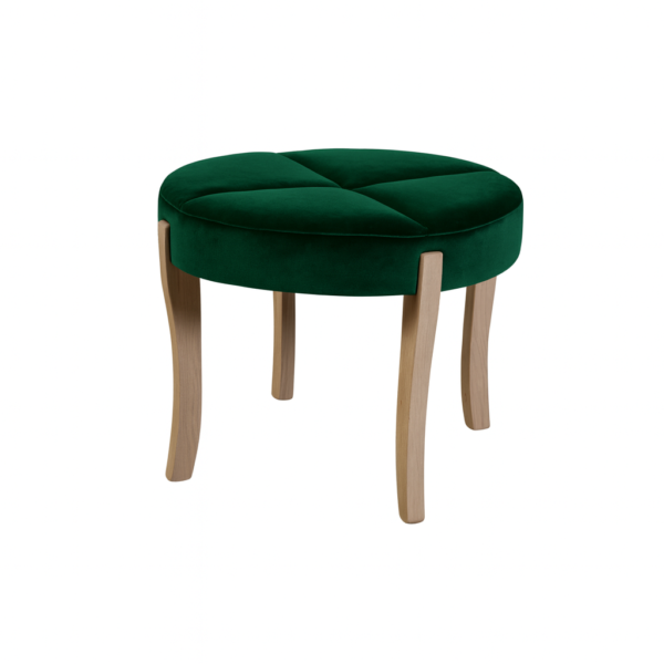 Round green stool with a tufted design and light wooden legs.