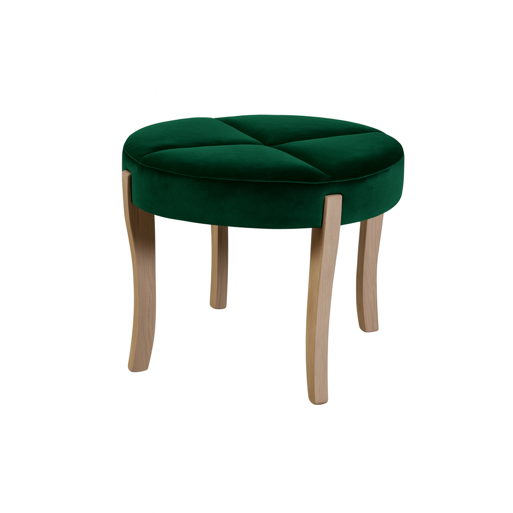 Round green stool with a tufted design and light wooden legs.