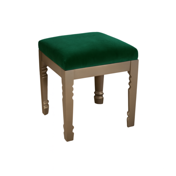 A stylish green upholstered stool with decorative legs and a soft cushion.