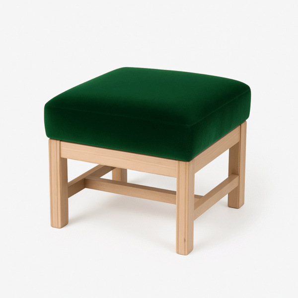 Stylish square ottoman with green velvet cushion and wooden legs.