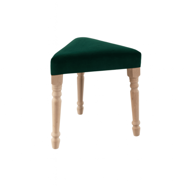 Triangular green stool with wooden legs, perfect for modern decor.