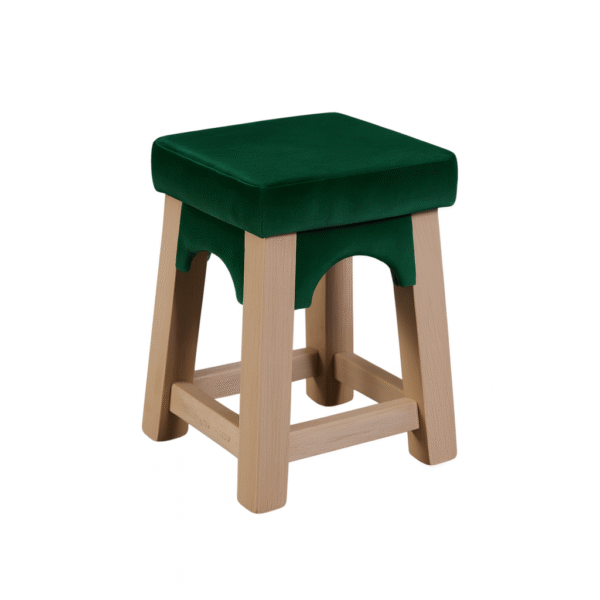 A modern wooden stool with a green upholstered top and a simple leg design.