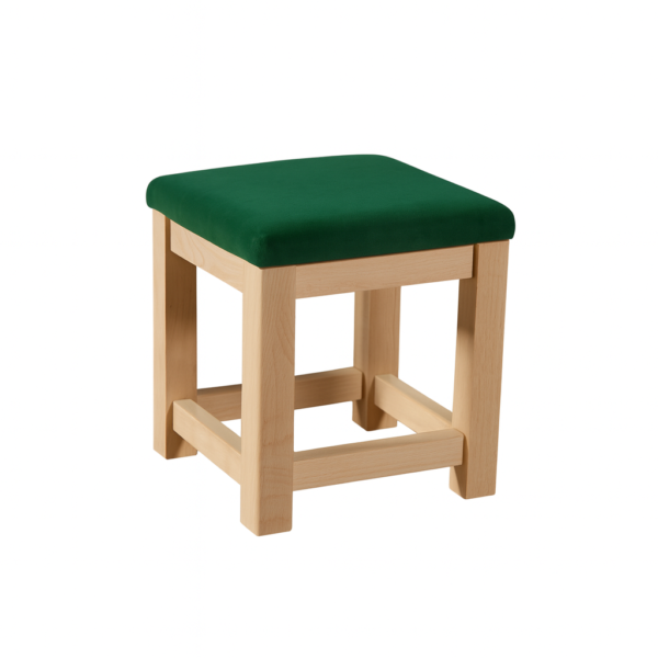 A wooden stool featuring a square design with a green cushioned seat, ideal for dining or extra seating.