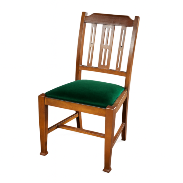 A classic wooden chair featuring a rich brown finish and a green upholstered seat, showcasing a timeless design.