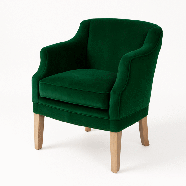 Stylish green velvet accent chair with wooden legs, perfect for home decor