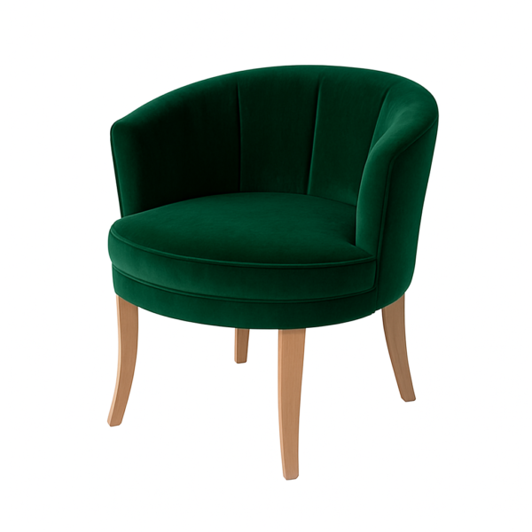 Stylish green velvet accent chair with wooden legs, perfect for home decor.