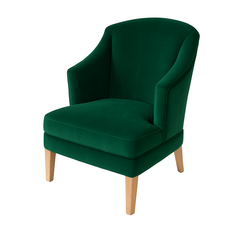 A stylish green velvet accent chair with wooden legs, perfect for home decor and interior design.