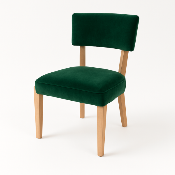 A modern green chair with a cushioned seat and backrest, featuring wooden legs, showcasing a contemporary design suitable for various interior styles.
