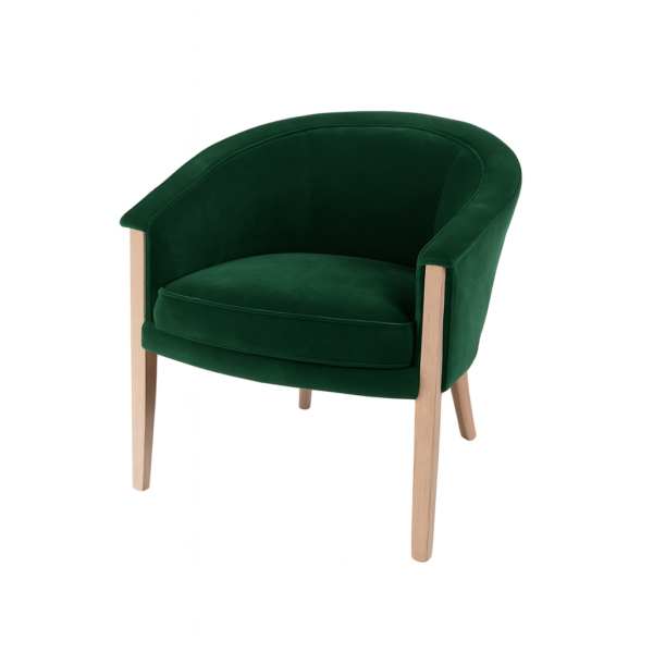 A modern green velvet accent chair with wooden legs, perfect for home decor.