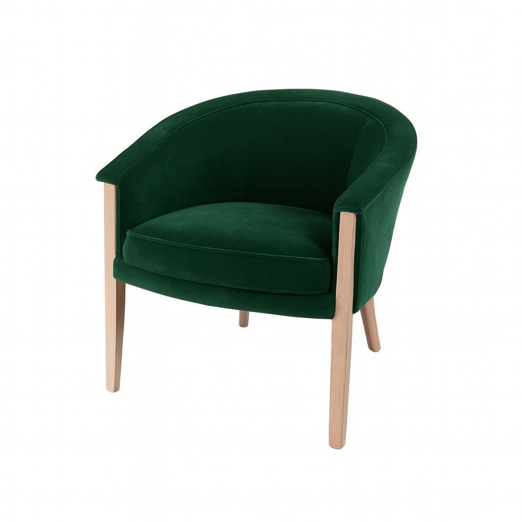A modern green velvet accent chair with wooden legs, perfect for home decor.
