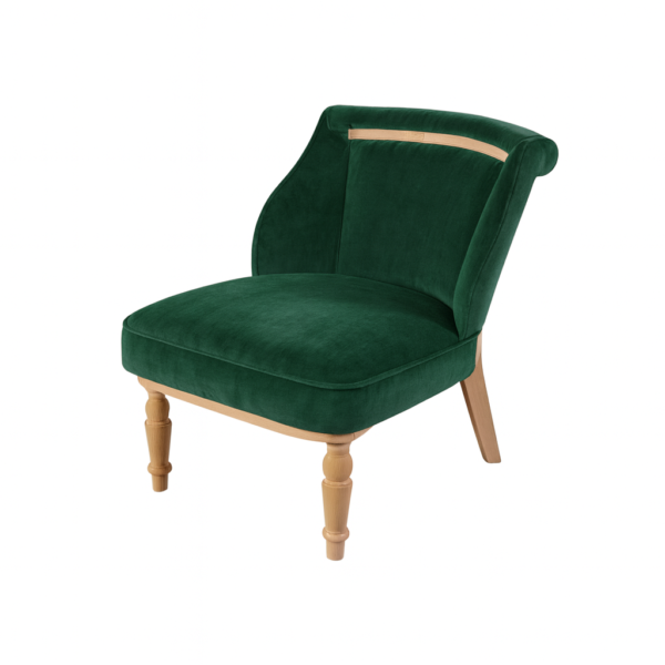 Stylish green accent chair featuring a curved back and light wooden legs, perfect for home decor.