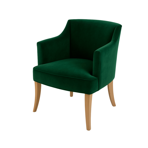 A stylish green velvet accent chair with wooden legs, perfect for modern interiors.