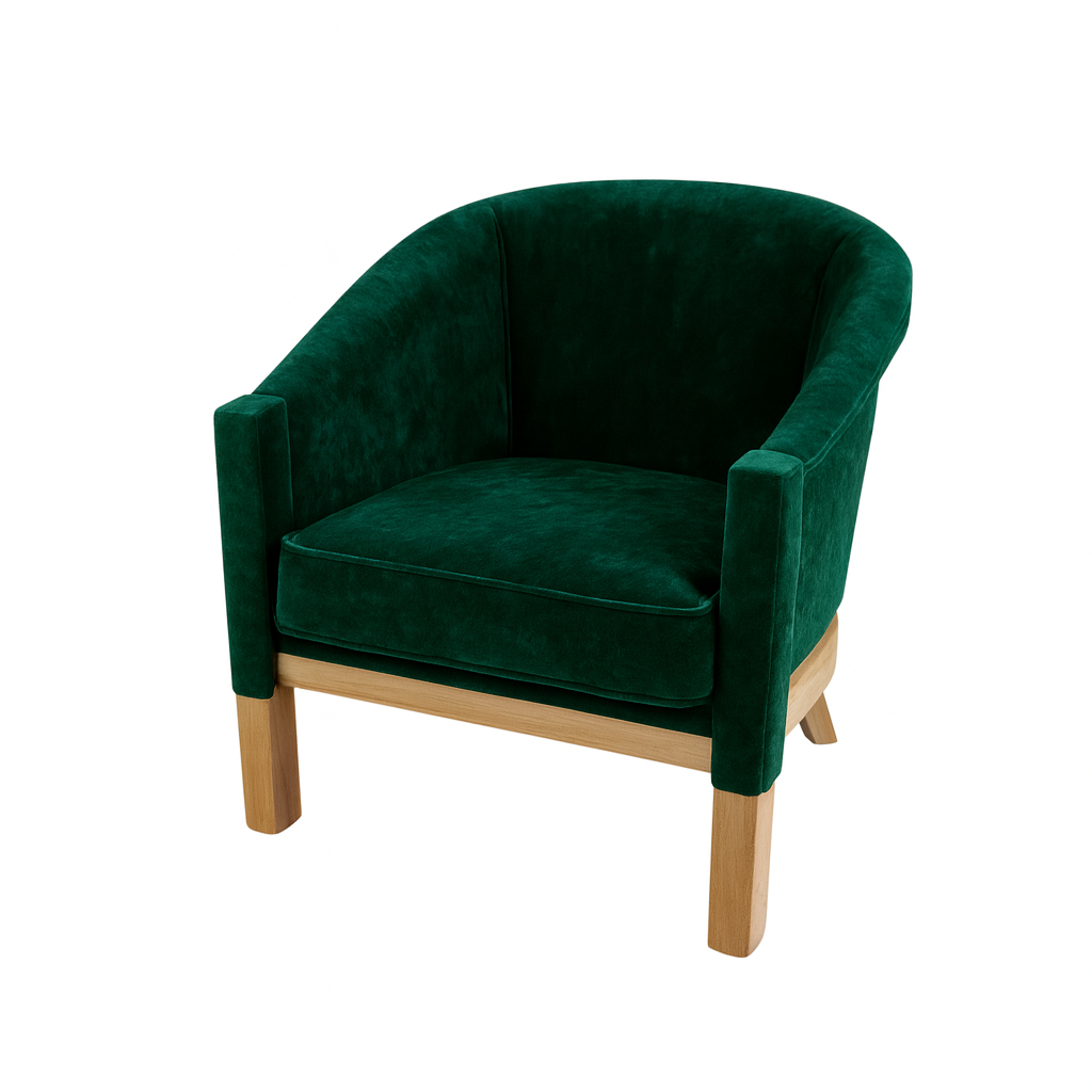 A stylish green velvet armchair with wooden legs, perfect for modern home decor