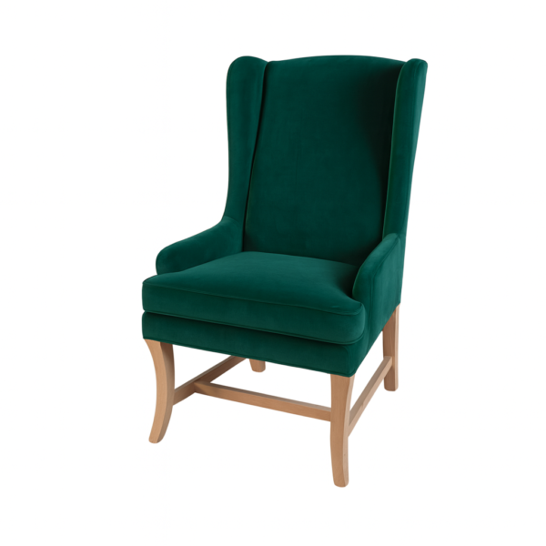 Stylish green wingback chair in a minimalist design, featuring wooden legs and comfortable upholstery.
