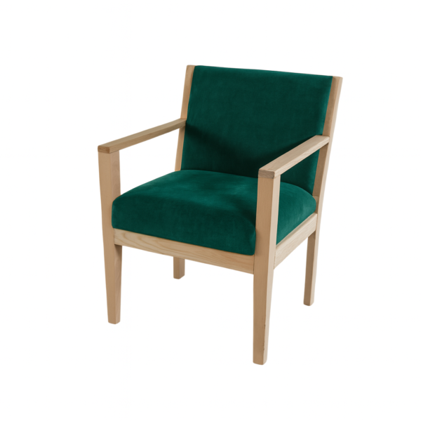 Stylish green armchair with wooden frame and padded seat