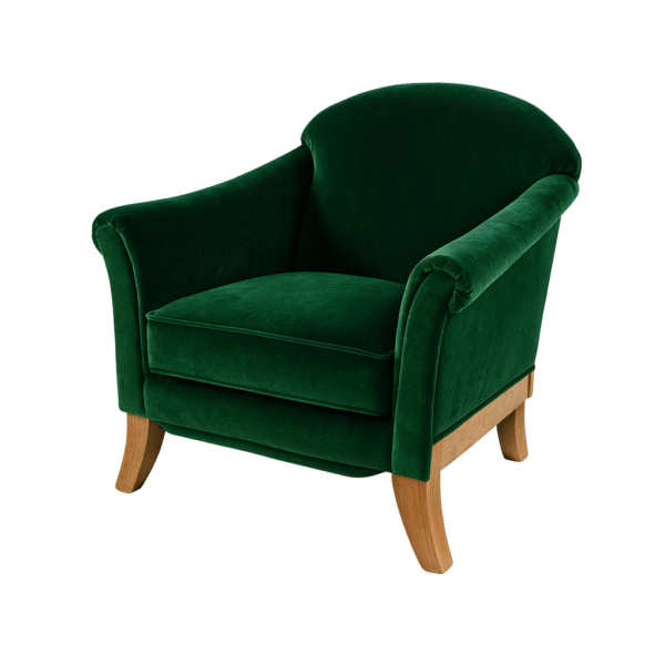 Elegant green velvet armchair with wooden legs, perfect for adding a touch of sophistication to any living space.
