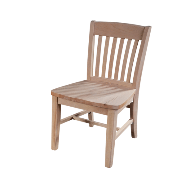 A side view of a modern wooden dining chair with a slatted back design, suitable for home or office use.