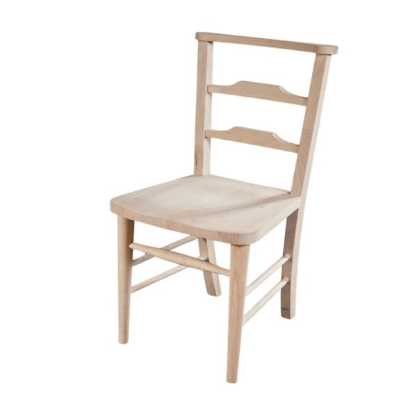 A minimalist wooden chair with a natural finish and three horizontal slats on the backrest.