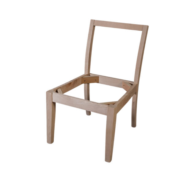 A wooden chair frame without a seat or backrest, showcasing its basic structure.