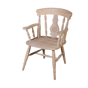 A rustic wooden chair with armrests, featuring a carved back and a simple, elegant design.