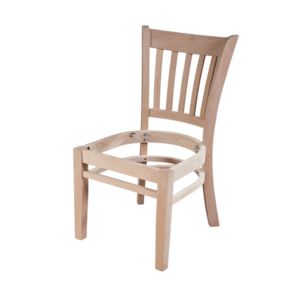 A wooden chair frame showcasing the structure without the seat, highlighting its slatted back and sturdy legs.