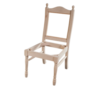 A wooden chair without a seat, showcasing its frame and structure.