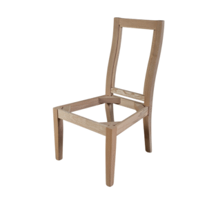 A wooden chair frame without a seat, showcasing its minimalist design and natural wood color.