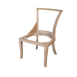 A view of an unfinished wooden chair frame without upholstery or finishing.