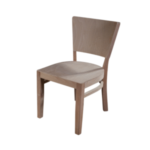 A minimalist wooden chair with a simple design, featuring a flat seat and a straight backrest, suitable for contemporary interiors.
