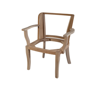Unfinished wooden chair frame with no upholstery, showcasing its structure and design.