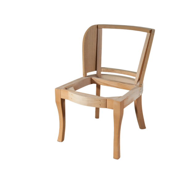 A partially assembled wooden chair showing its frame and structure without a seat or backrest.
