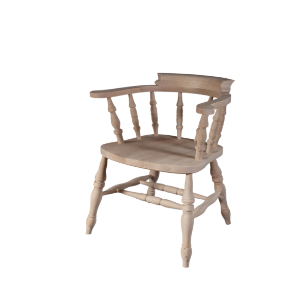 A rustic wooden armchair featuring a spindle design and a natural finish.