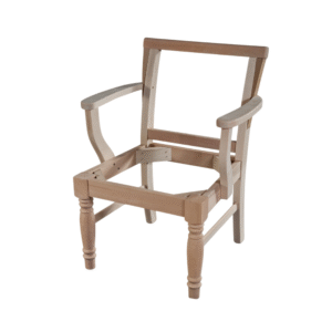 A wooden chair frame with armrests, showcasing an unfinished design and no seat.
