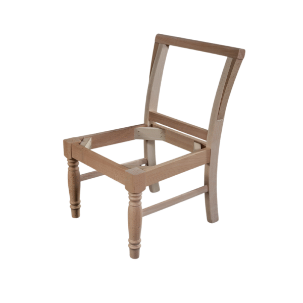 Unfinished wooden chair frame with missing seat and backrest