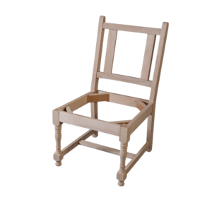 An unfinished wooden chair frame without a seat, showcasing the legs and backrest.