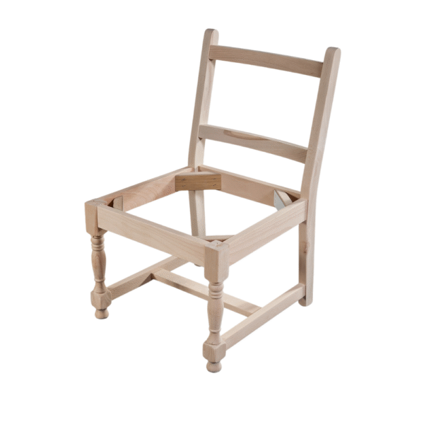 A wooden chair frame without a seat or backrest, showcasing its structure and design.