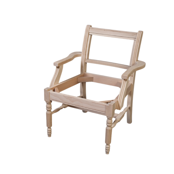 Unfinished wooden chair frame showing structure and design details without upholstery