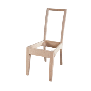 A wooden chair frame with a minimalist design, showing the legs and backrest without a seat, highlighting its unfinished state.