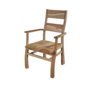 Stylish wooden dining chair featuring a slatted back and armrests, ideal for home decor