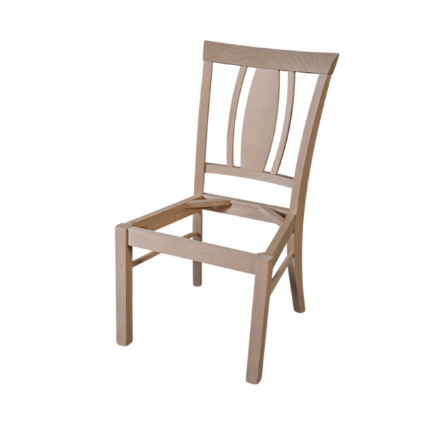 A wooden chair frame without a seat, showcasing the unfinished design.