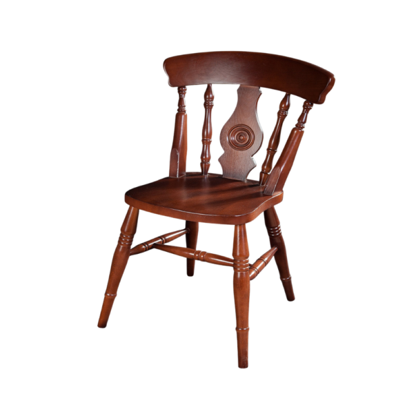 A vintage wooden kitchen chair with a curved backrest and turned legs, showcasing a rich, warm finish.