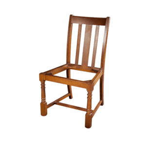 A wooden chair featuring a traditional design, lacking a seat, showcasing its frame and structure.